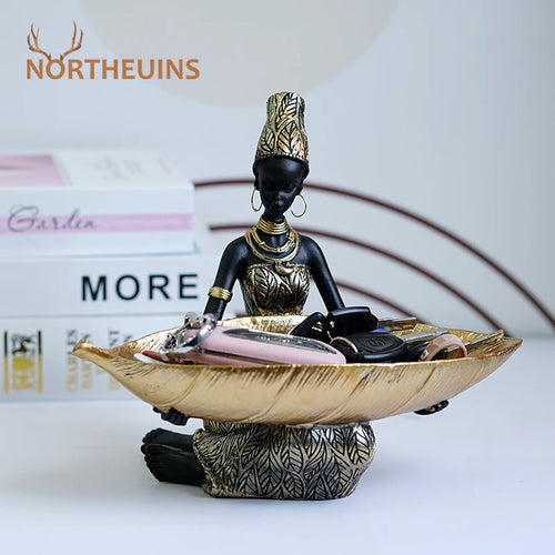 NORTHEUINS Resin African Black Woman Storage Statue Exotic Figurines Home Interior Desktop Decor Keys Candy Container Craft Item